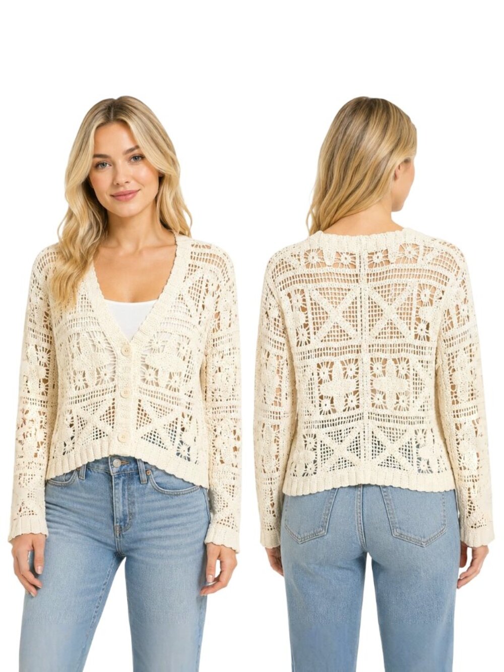 Solitaire 100% Cotton Crochet Cardigan Sweater Women Cream Boho Floral Size S